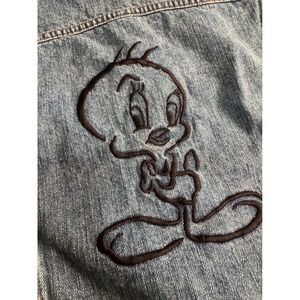 Vintage Warner Bros Tweety Denim Vest Womens Medium Embroidered Black Collar‎